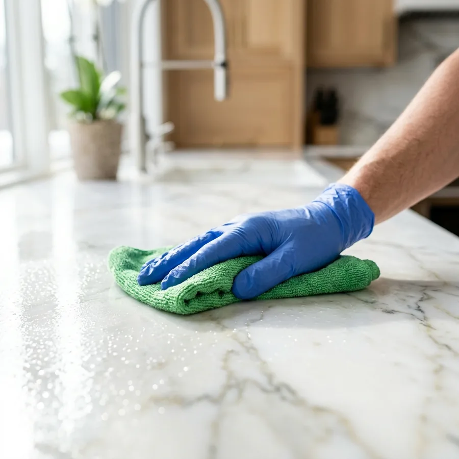 Hand mit Handschuh wischt eine glänzende Oberfläche mit einem Mikrofasertuch