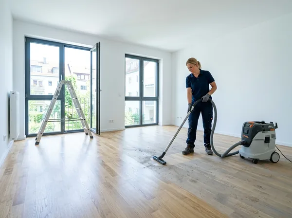 Reinigungskraft saugt Baustaub in einer frisch renovierten Wohnung