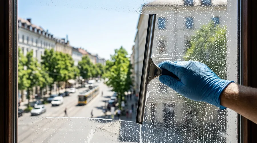 Abzieher gleitet über eine Fensterscheibe, die eine Hälfte ist bereits streifenfrei